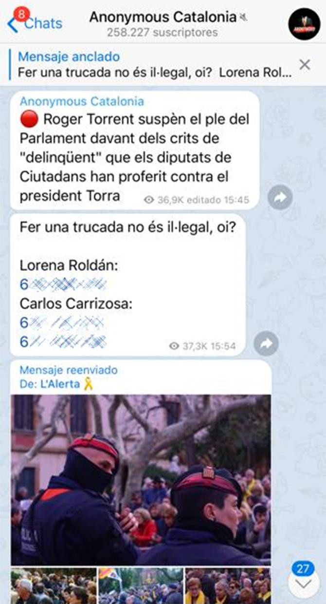 Anonymous Catalonia difunde los teléfonos de Lorena Roldán y Carlos Carrizosa