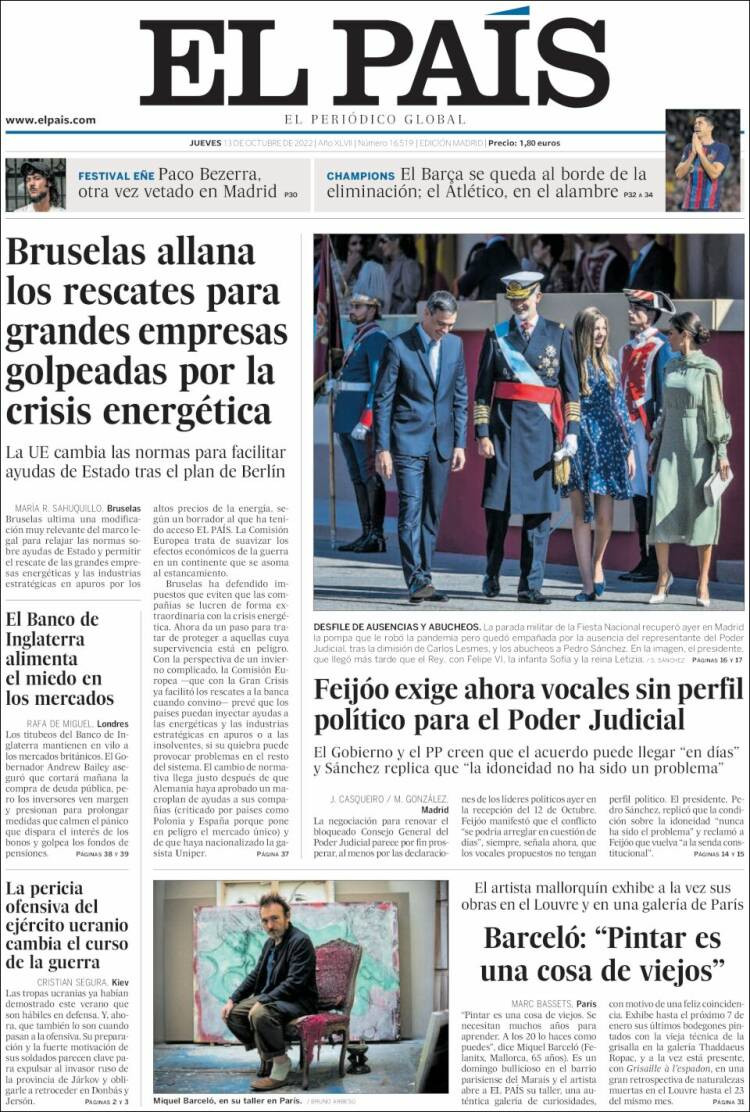 Portada de 'El País' de 13 de octubre de 2022 / KIOSKO.NET