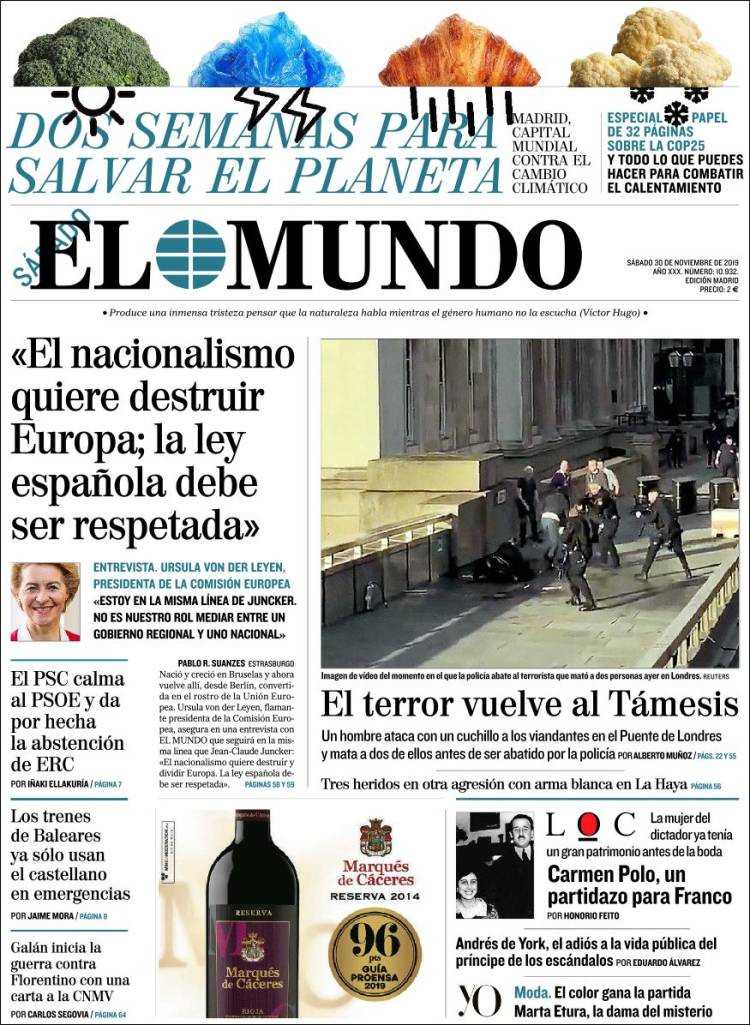 Portada de 'El Mundo' del sábado 30 de noviembre