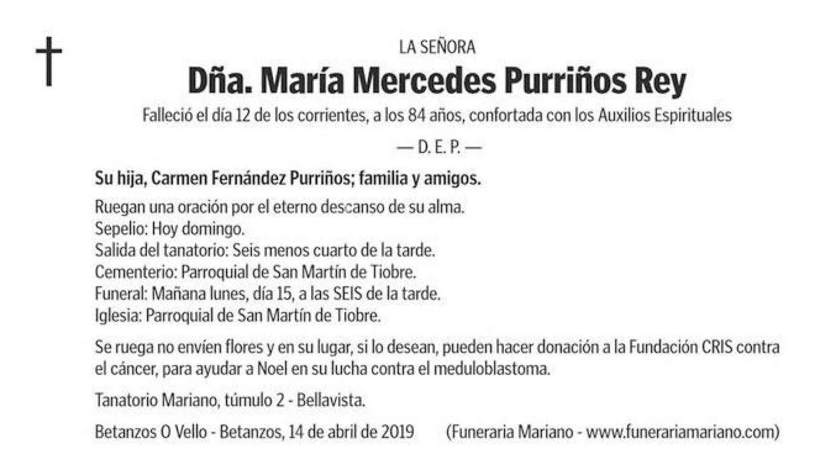 La esquela de María Mercedes Purriños / TWITTER