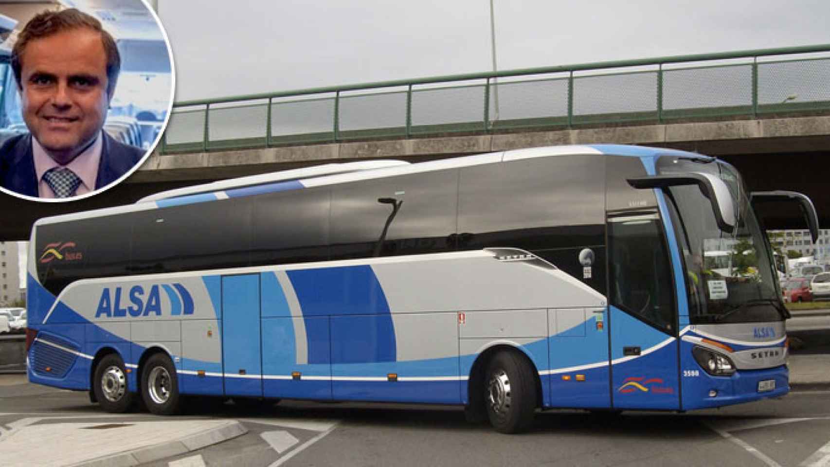 Valeriano Díaz, director de la unidad zonal mediterránea de ALSA y un autobús de la compañía / FOTOMONTAJE DE CG