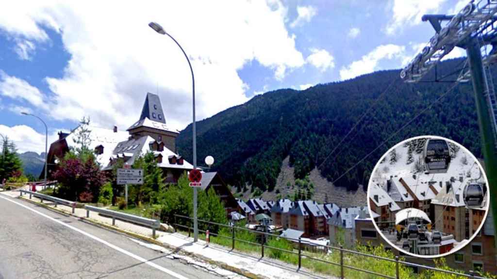 Entrada a las urbanizaciones de Port de la Bonaigua y Val de Ruda en la localidad del Naut Aran (Vall d'Aran) y el telesilla de la discordia hasta Baqueira Beret / FOTOMONTAJE DE CG