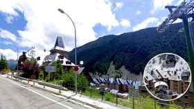 Entrada a las urbanizaciones de Port de la Bonaigua y Val de Ruda en la localidad del Naut Aran (Vall d'Aran) y el telesilla de la discordia hasta Baqueira Beret / FOTOMONTAJE DE CG