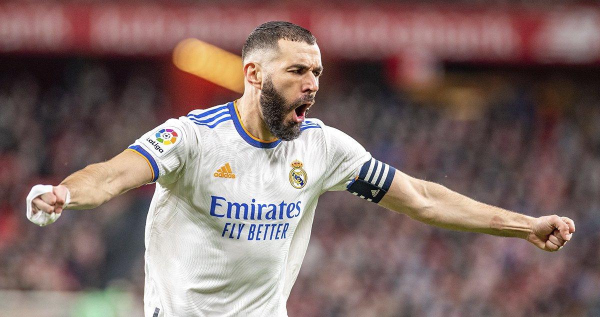 La euforia de Benzema tras anotar dos goles contra el Athletic Club / EFE