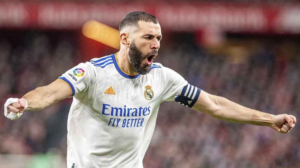 La euforia de Benzema tras anotar dos goles contra el Athletic Club / EFE