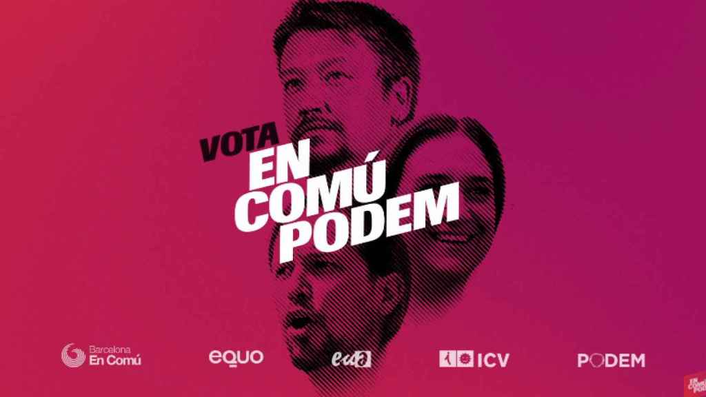 Imagen del primer spot electoral de En Comú Podem, con los rostros de Xavier Doménech, Pablo Iglesias y Ada Colau.