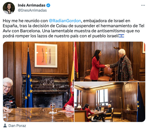 Inés Arrimadas critica la ruptura de Barcelona con Tel Aviv por parte de Ada Colau / TWITTER