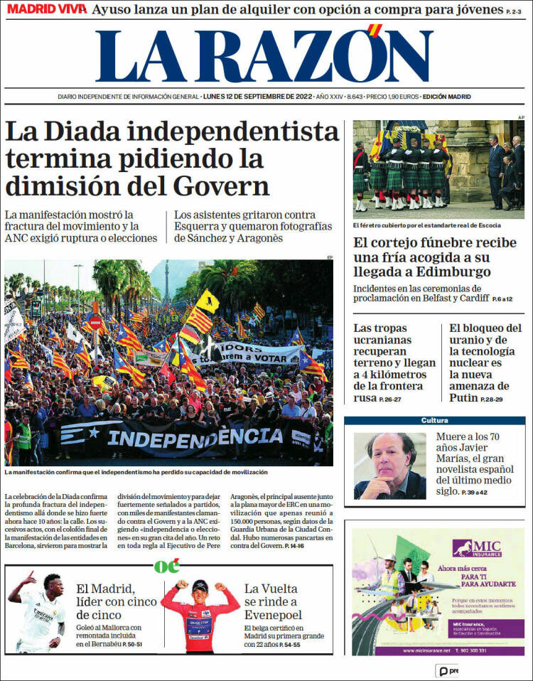 Portada de 'La Razón' de 12 de septiembre de 2022 / KIOSKO.NET