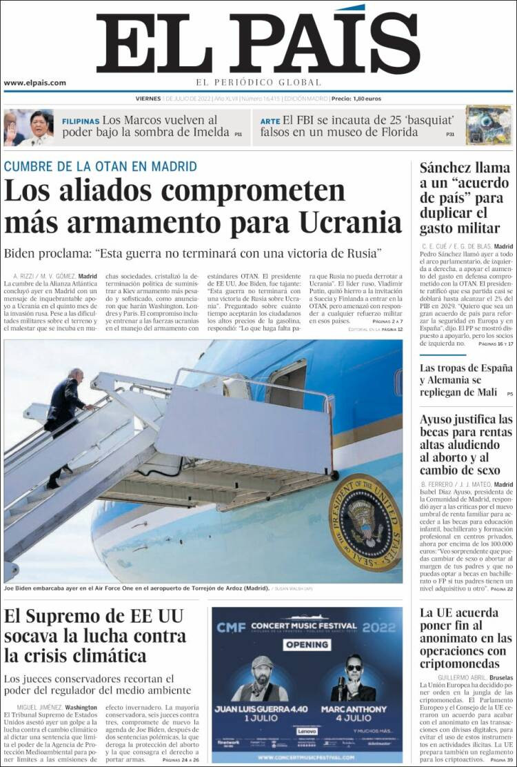 Portada de 'El País' de 1 de julio de 2022 / KIOSKO.NET