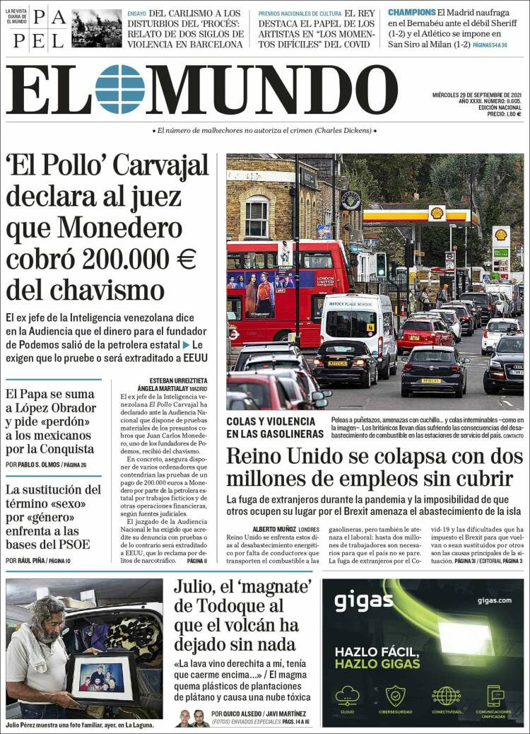 Portada de 'El Mundo' del 29 de septiembre de 2021 / KIOSKO.NET