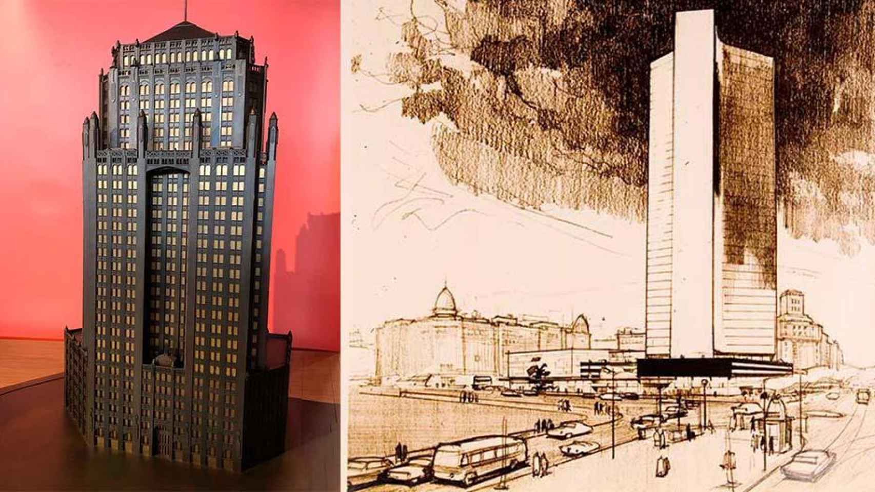 A la izquierda, maqueta del rascacielos de John Mead y James Gamble diseñado para construirse en plaza Cataluña en 1918; a la derecha, dibujo del proyecto de 1961 de Josep Mª Bosch Aymerich para el mismo lugar de Barcelona / © Arxiu Històric del COAC