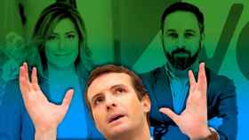 La presidenta andaluza, Susana Díaz y el presidente de Vox, Santiago Abascal tras Pablo Casado, presidente del Partido Popular / FOTOMONTAJE DE CG