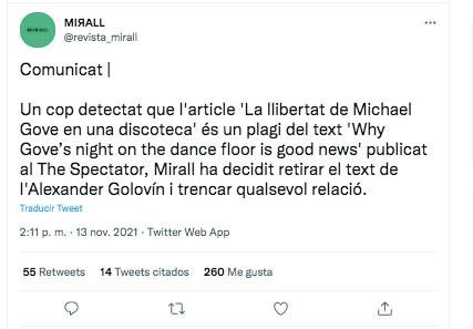 Imagen del tuit de la revista 'Mirall' / Twitter