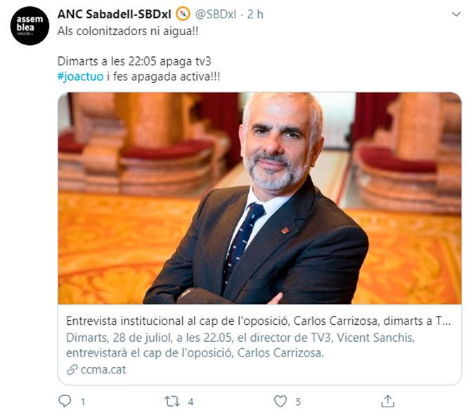 Campaña de la ANC en Twitter contra la entrevista a Carrizosa en TV3