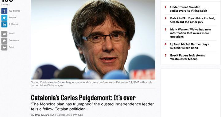 'Politico' titula la información sobre los mensajes de Puigdemont a Comín con un 'It's over' / CG