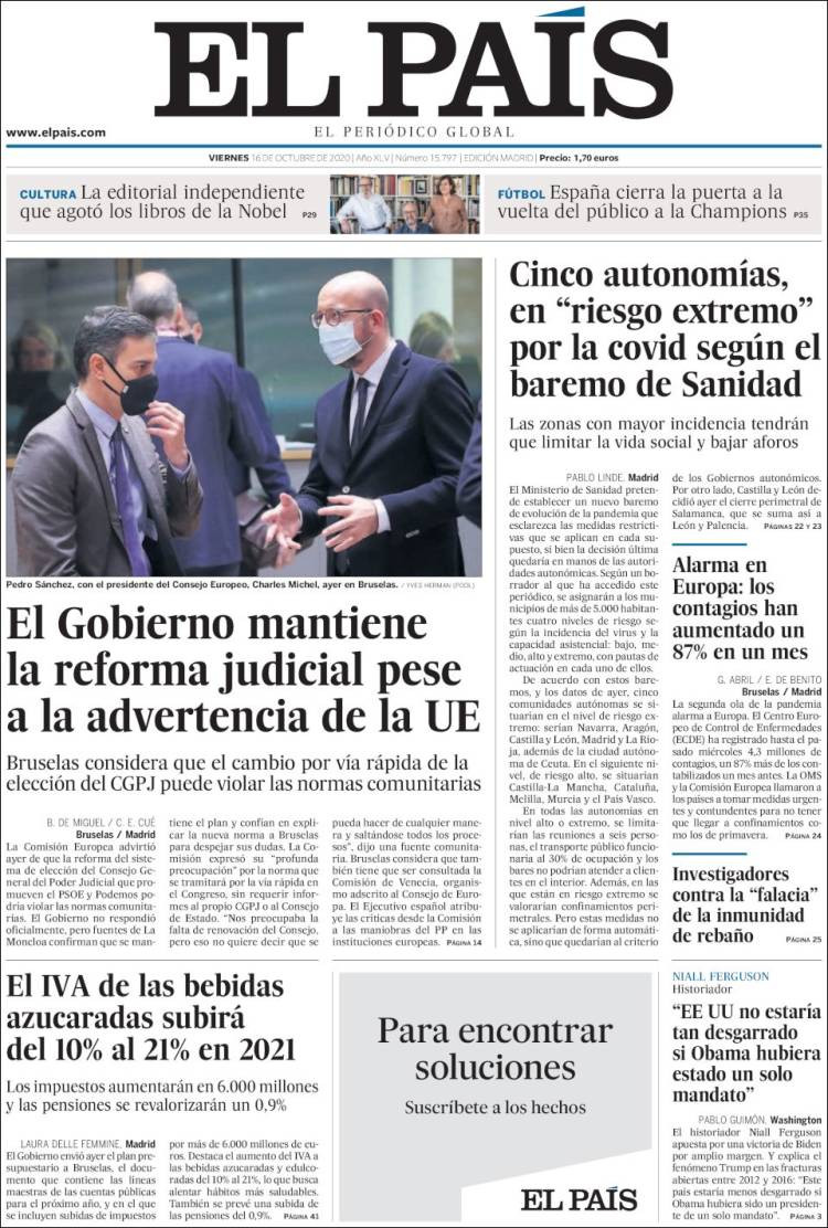 Portada de 'El País' del viernes 16 de octubre / KIOSKO.NET