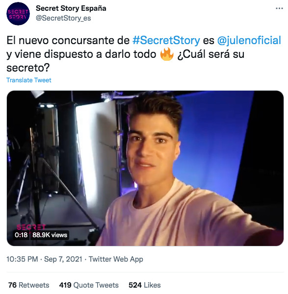 Publicación de Secret Story España en Twitter / @SecretStory_es