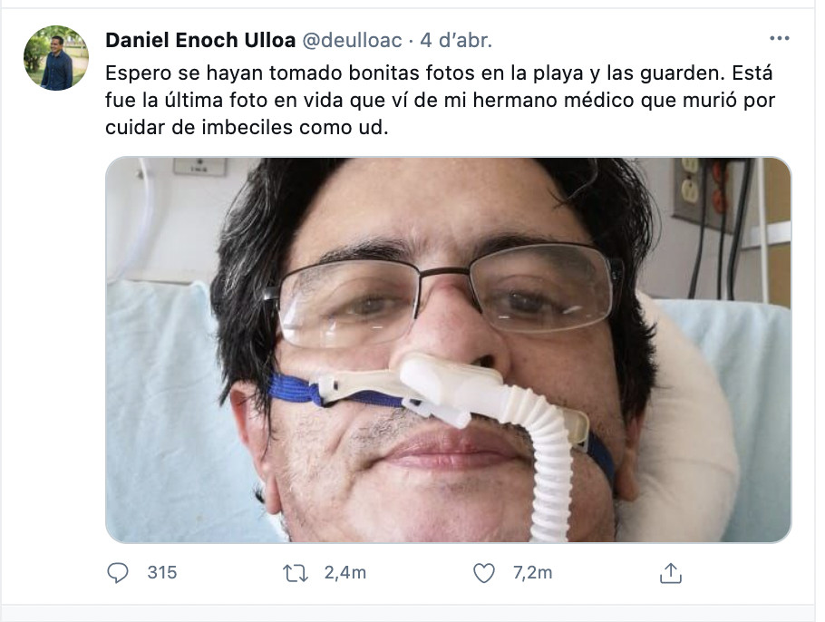 Tuit del hermano del doctor fallecido de Covid / TWITTER