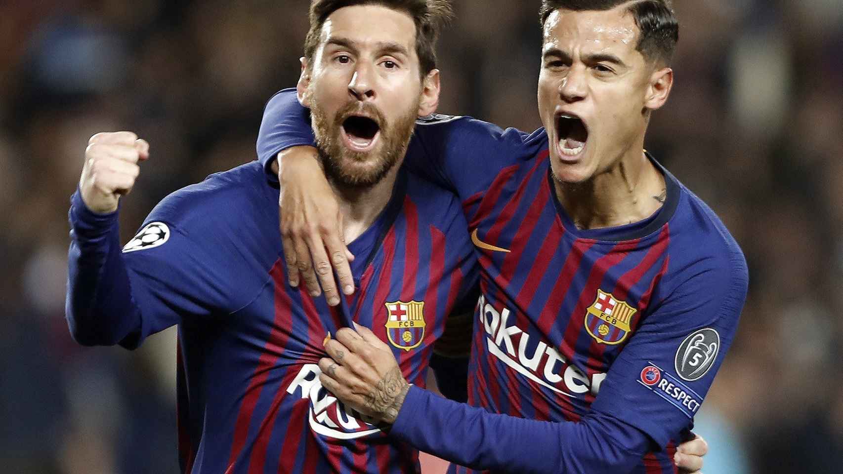 Una foto de Leo Messi y Philippe Coutinho celebrando el tanto del argentino en el Barça - United / EFE