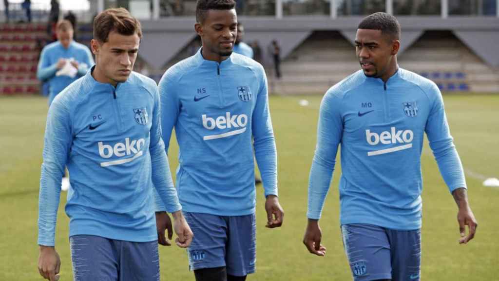 Una foto de Coutinho, Semedo y Malcom durante un entrenamiento del Barça / FCB