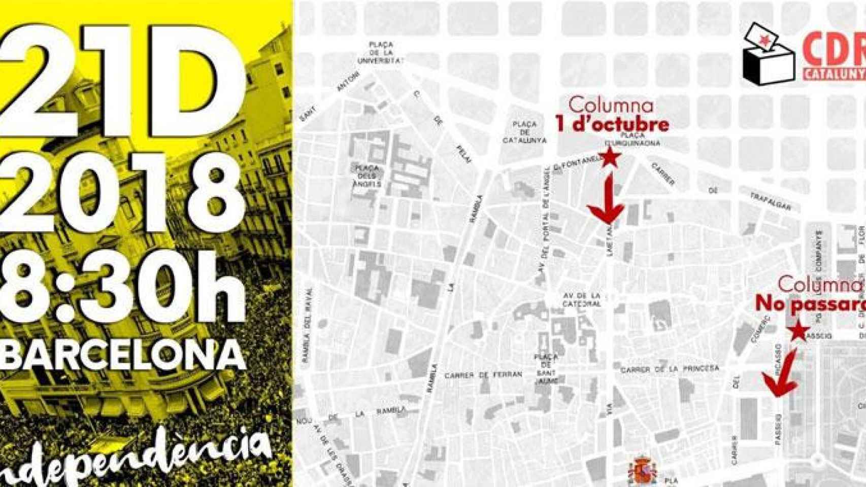 Mapa de la protesta de los CDR para el 21D en Barcelona / TWITTER