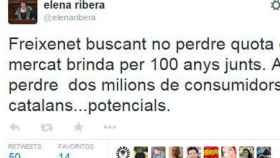 Tuit de la diputada autonómica de CiU Elena Ribera llamando al boicot contra Freixenet por brindar