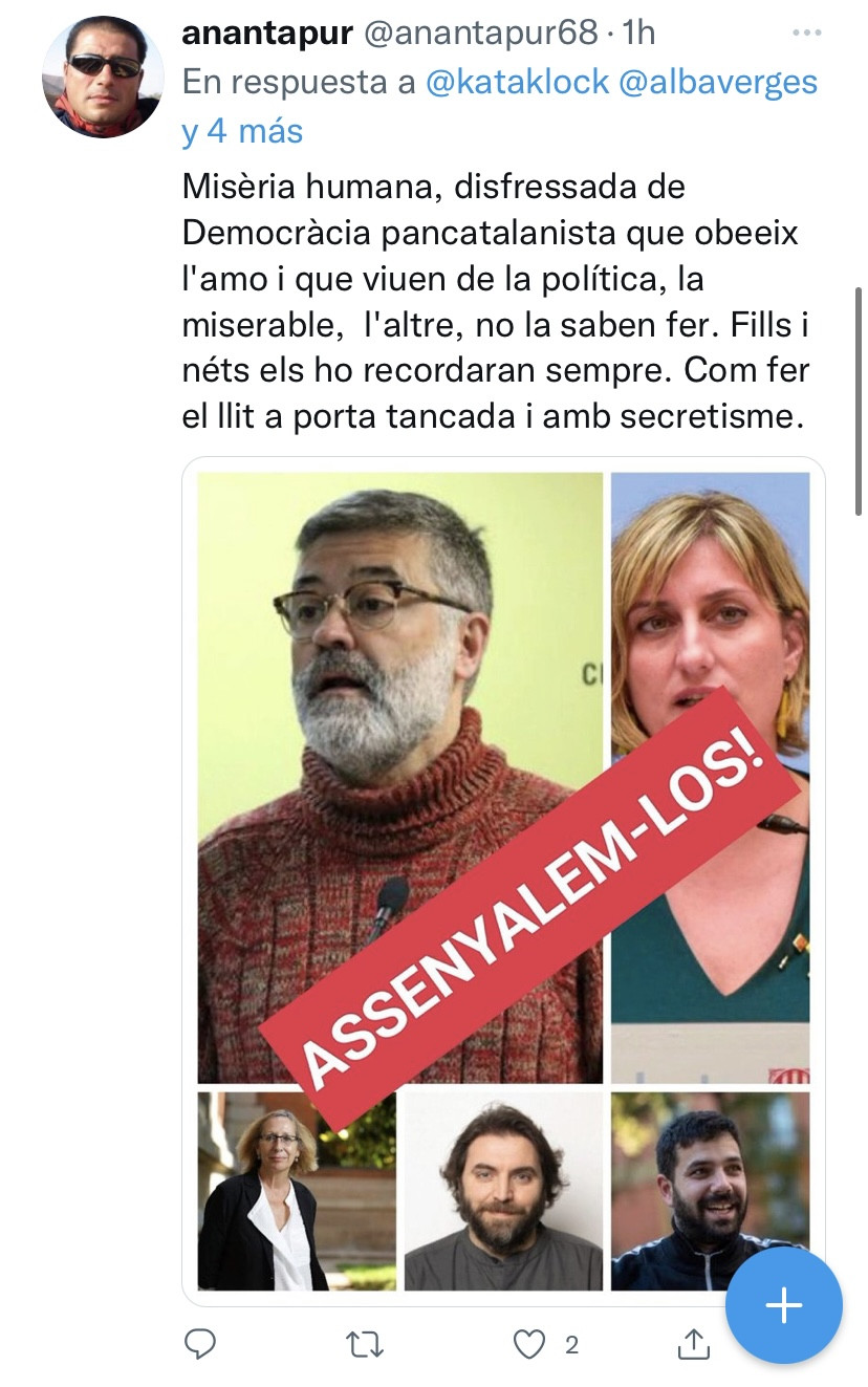 Mensaje en Twitter que incita a señalar a los miembros de la Mesa