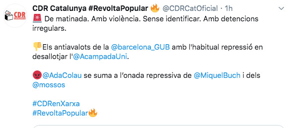 Los CDR acusan a Colau de sumarse a la ola represiva de Buch / TWITTER