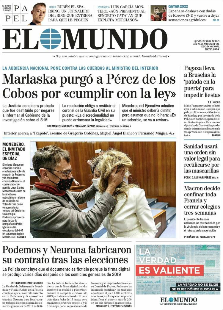 Portada del 1 de abril de 2021 de 'El Mundo' / KIOSKO.NET