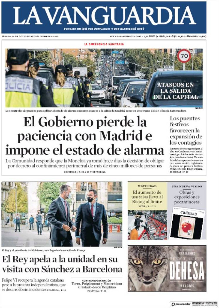 Portada de 'La Vanguardia' del 10 de octubre de 2020 / KIOSKO.NET