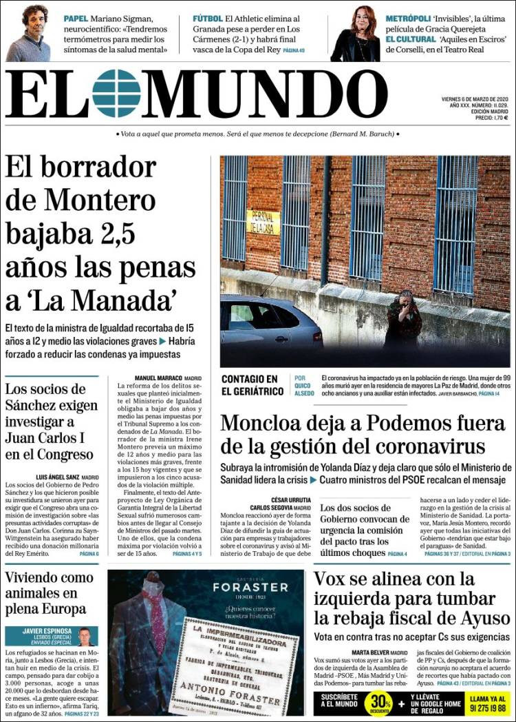 Portada de 'El Mundo' con informaciones sobre coronavirus y enfrentamientos en el Gobierno