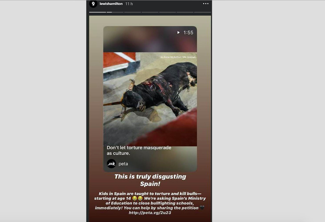 Lewis Hamilton manda un duro mensaje en contra de las corridas de toros / INSTAGRAM