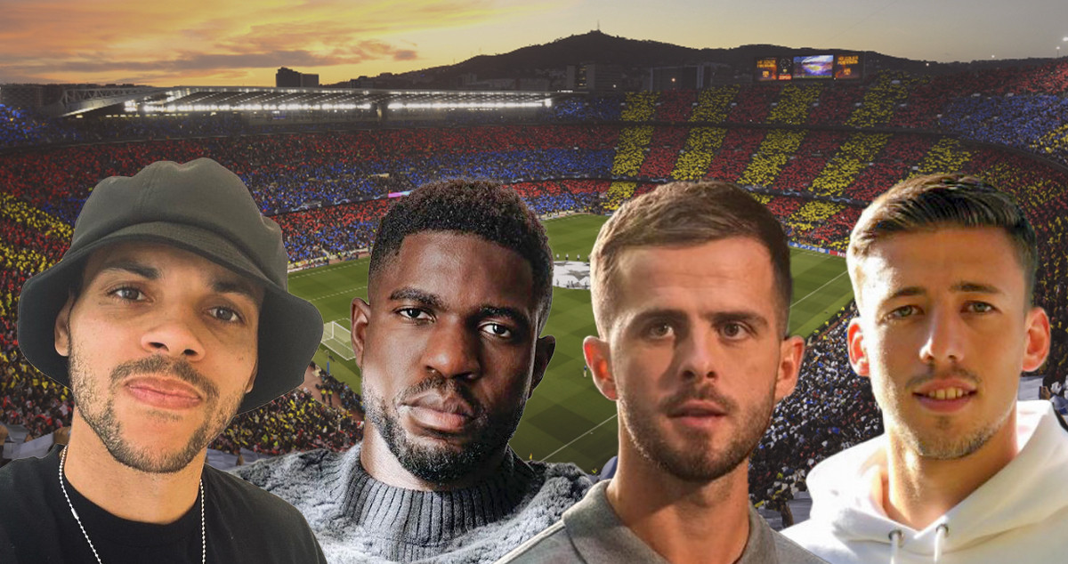 Braithwaite, Umtiti, Pjanic y Lenglet, con las gradas del Camp Nou al fondo / FOTOMONTAJE CULEMANÍA