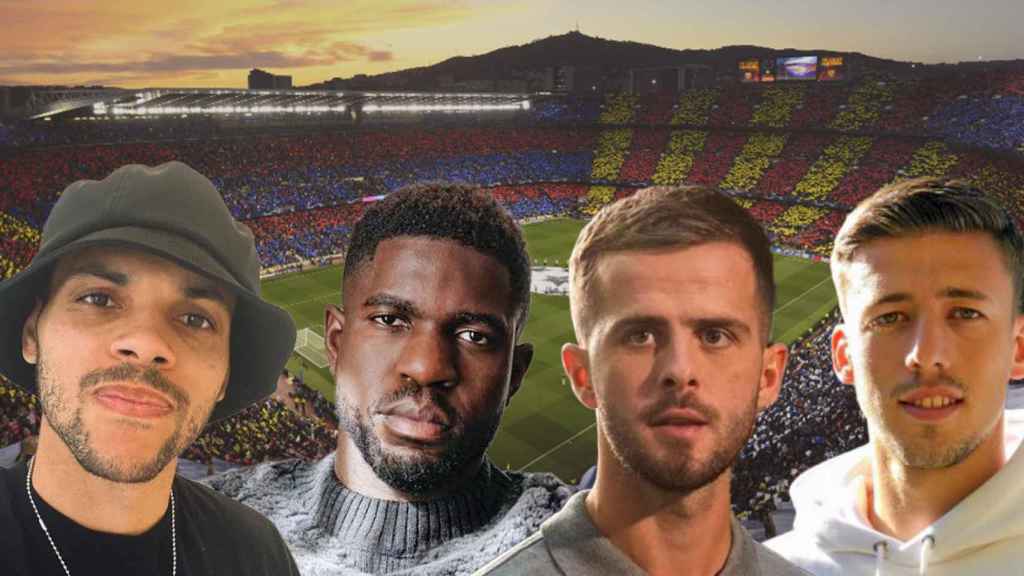 Braithwaite, Umtiti, Pjanic y Lenglet, con las gradas del Camp Nou al fondo / FOTOMONTAJE CULEMANÍA