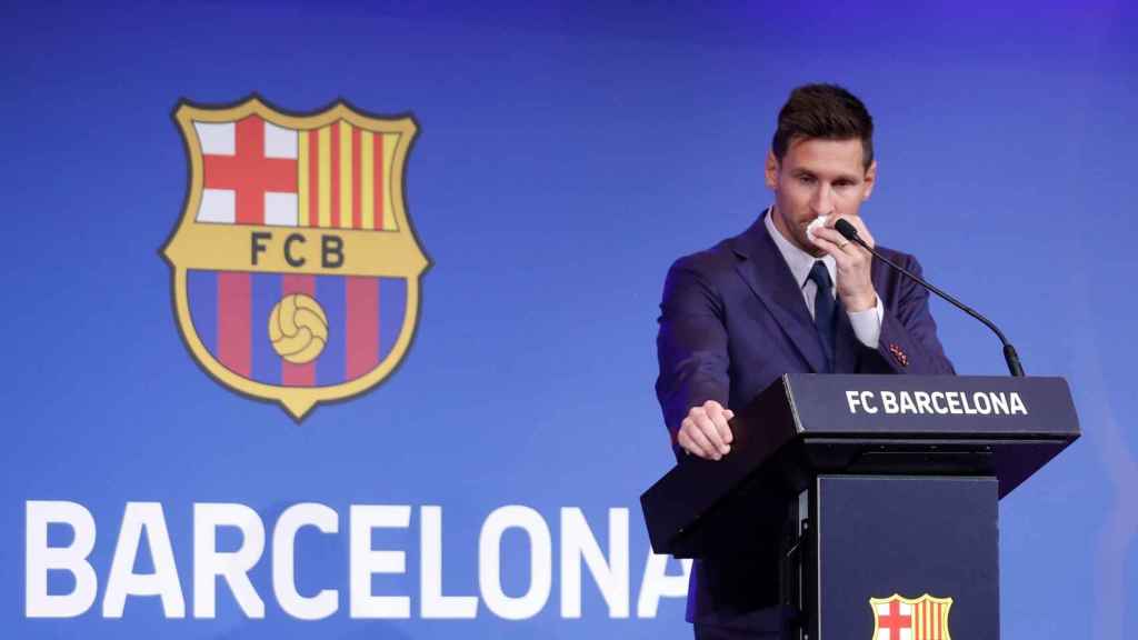 Leo Messi, en la rueda de prensa de su despedida / EFE