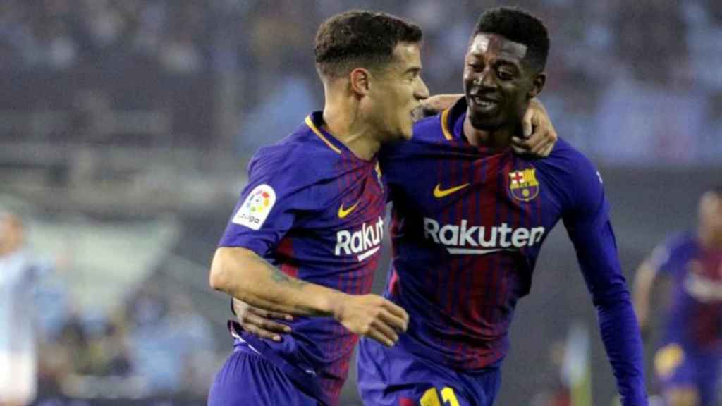 Coutinho y Dembelé celebran un gol / EFE