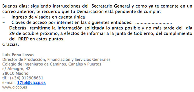 Extracto del correo enviado por el responsable económico del Colegio nacional a una demarcación regional / CG