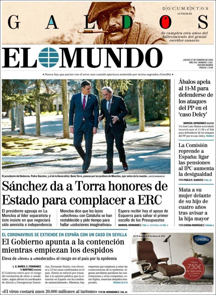 Portada de 'El Mundo' del 27 de febrero de 2020