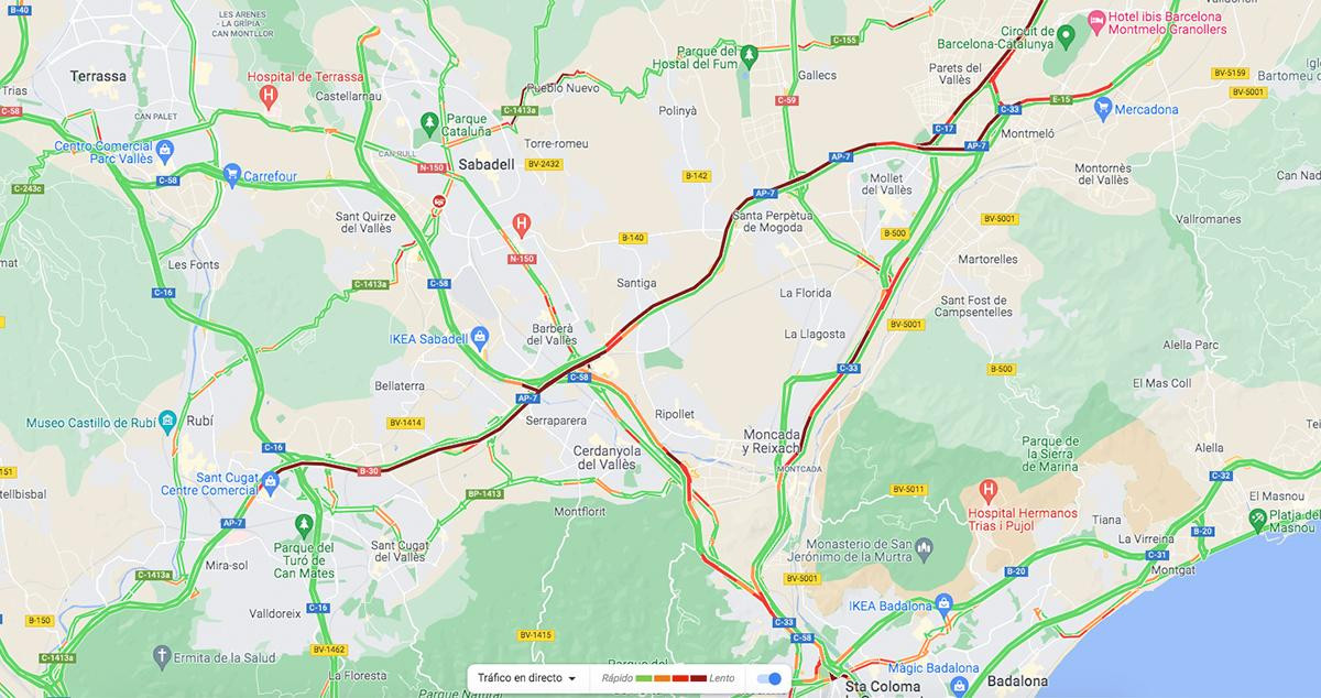 La AP-7, en granate, con afectaciones en el tráfico a causa del accidente mortal