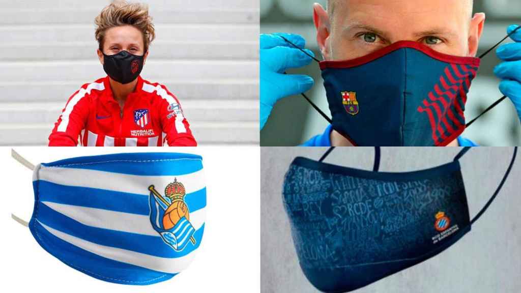 Mascarillas con los colores del Atlético, Barça, Real Sociedad y Espanyol