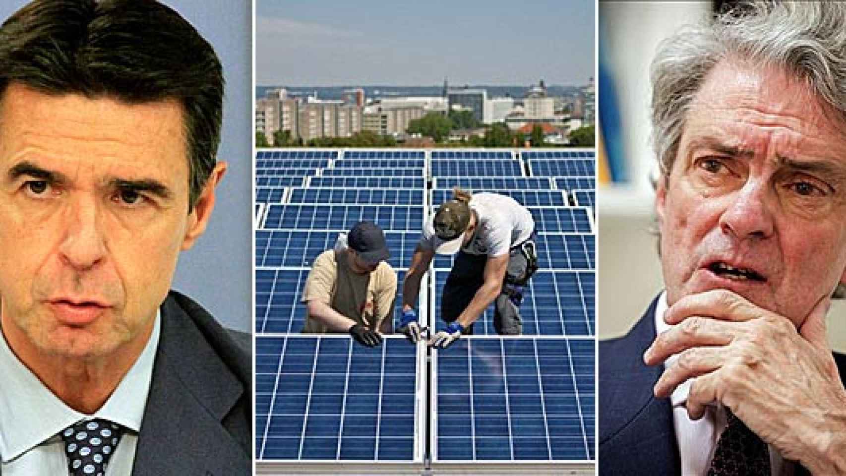 El ministro de Industria, Energía y Turismo, José Manuel Soria; una instalación de energía fotovoltaica en una vivienda, y el presidente de Unesa, Eduardo Montes