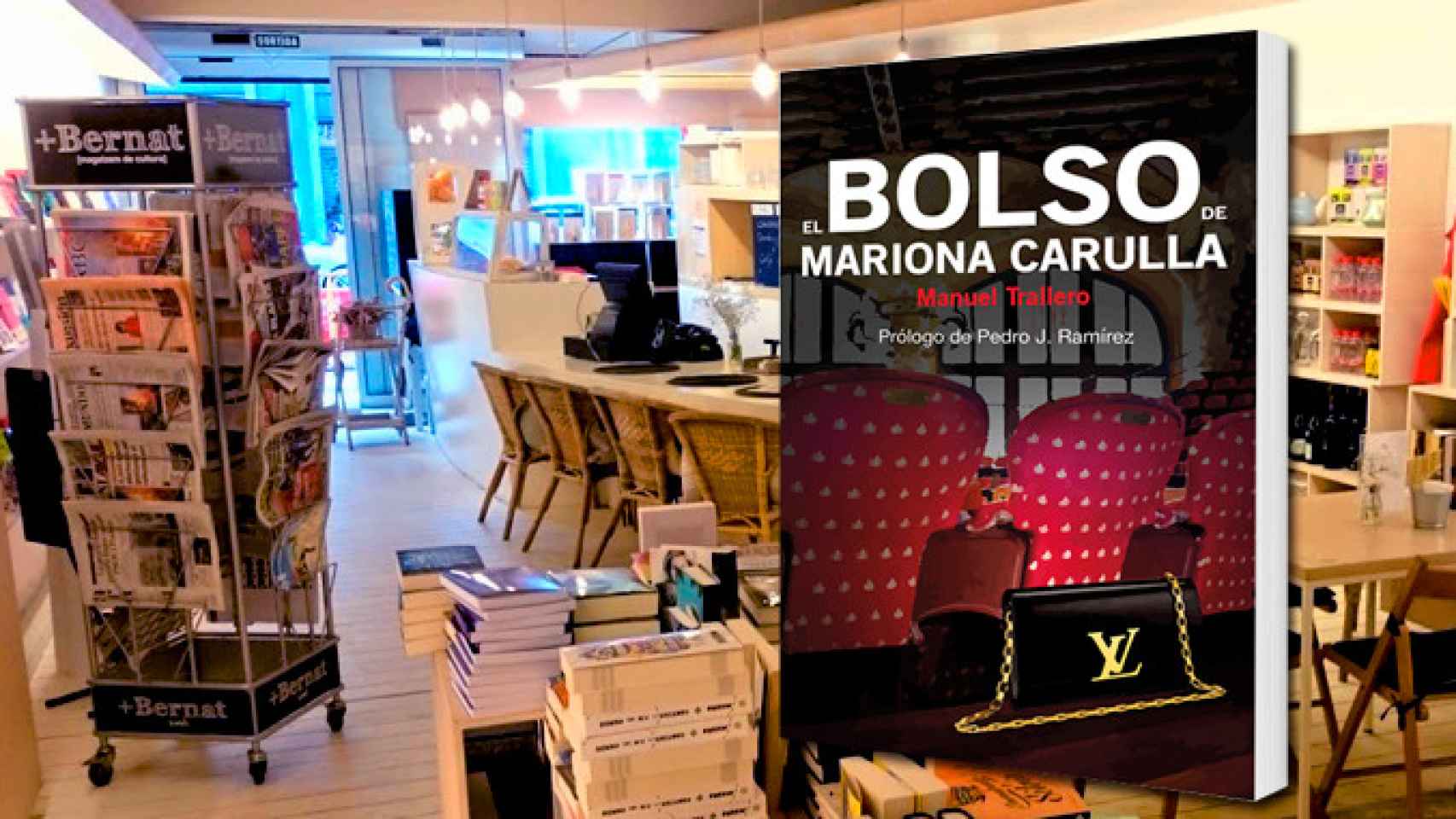 Portada del libro 'El bolso de Mariona Carulla' en la librería +Bernat, que aborda el juicio del Palau de la Música / CG