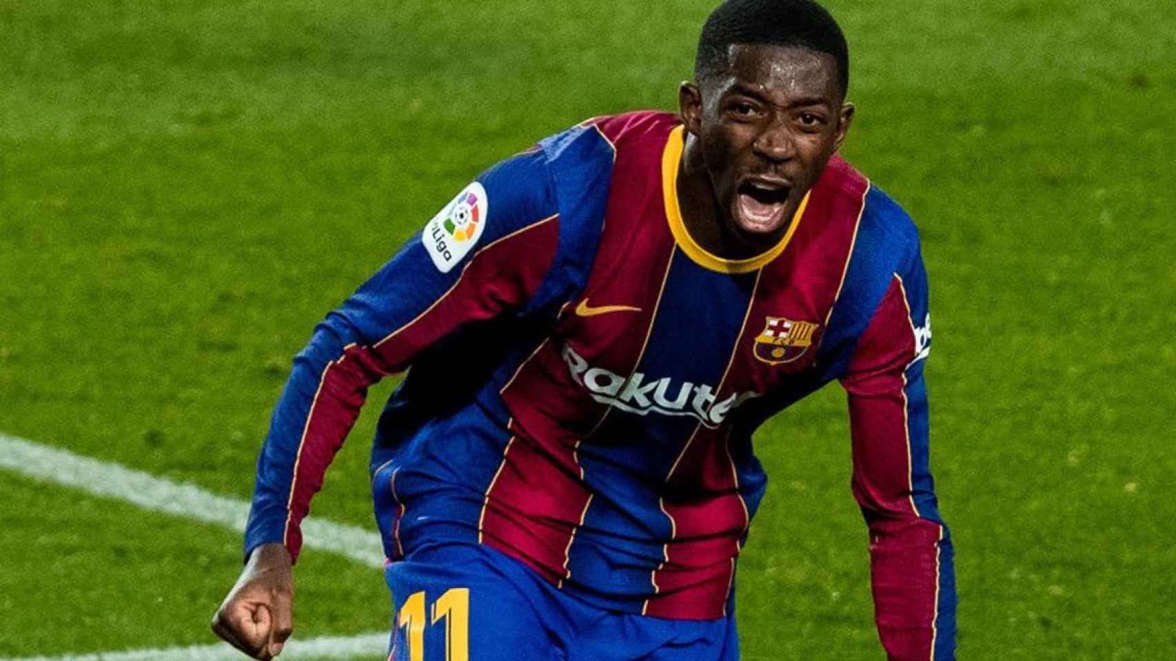 Ousmane Dembelé celebrado el gol de la victoria ante el Real Valladolid en el Camp Nou / FCB