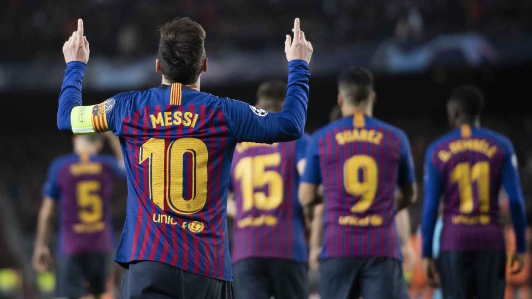 Una foto de Leo Messi celebrando un gol ante el Olympique de Lyon / FCB