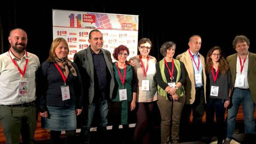 De izquierda a derecha, Carlos del Barrio, Cristina Torre, Javier Pacheco, Alba García, Montse Ros, Dolors Llobet, Toni Mora, Michaela Albarello y Ricard Bellera, la ejecutiva de CCOO de Cataluña en una imagen de archivo / CG