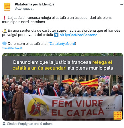 Plataforma per la Llengua carga contra la justicia francesa / TWITTER