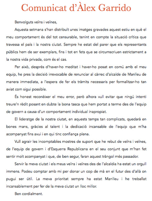 Comunicado de dimisión de Àlex Garrido / ERC MANLLEU