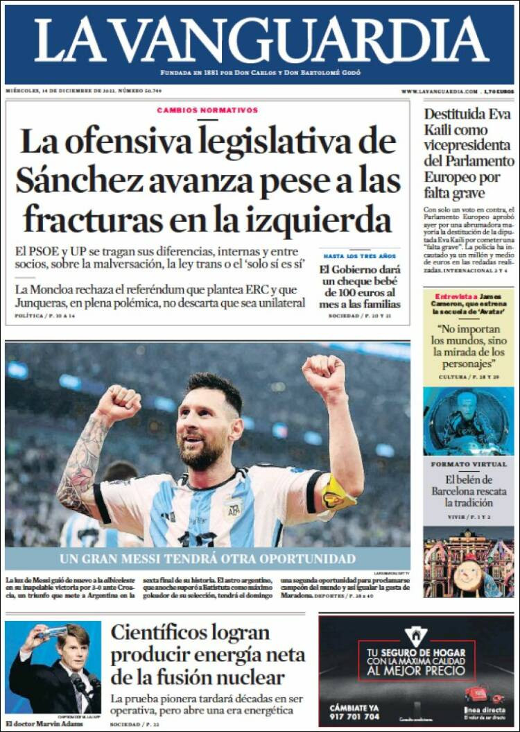 Portada de 'La Vanguardia' del 14 de diciembre de 2022