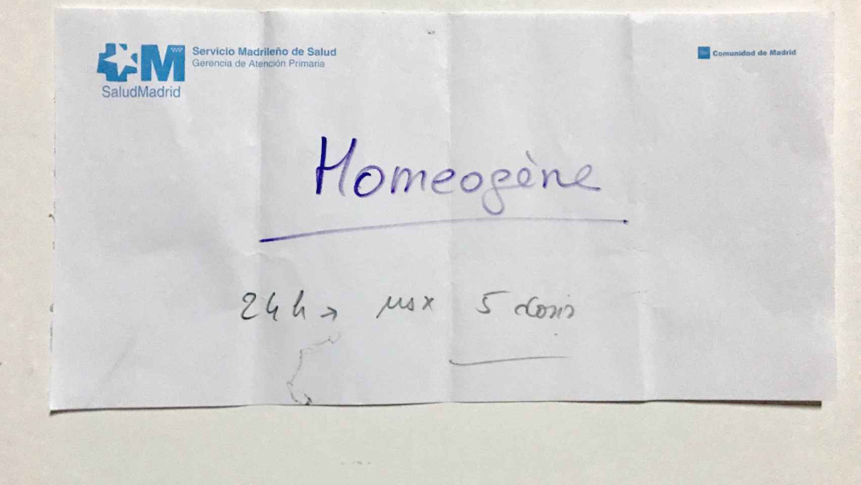 Una imagen de la receta del producto homeopático prescrito en la sanidad pública / Twitter