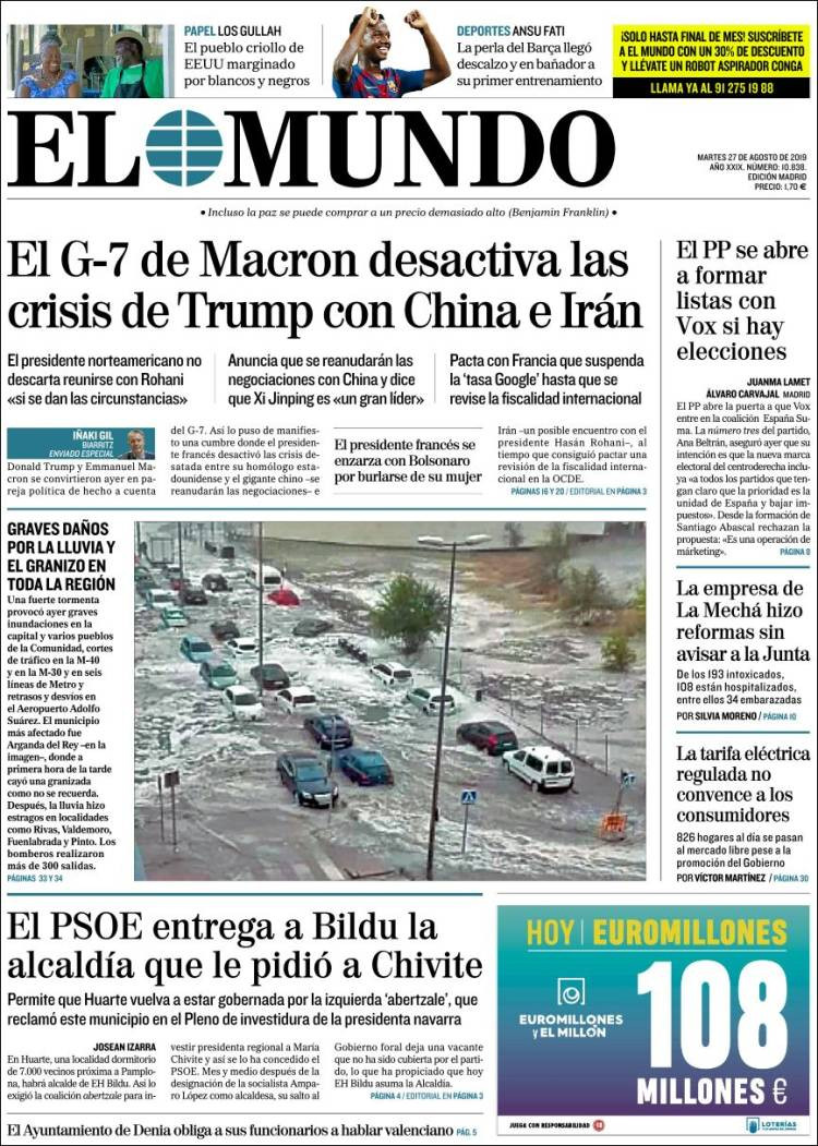 Portada de 'El Mundo' del martes 27 de agosto